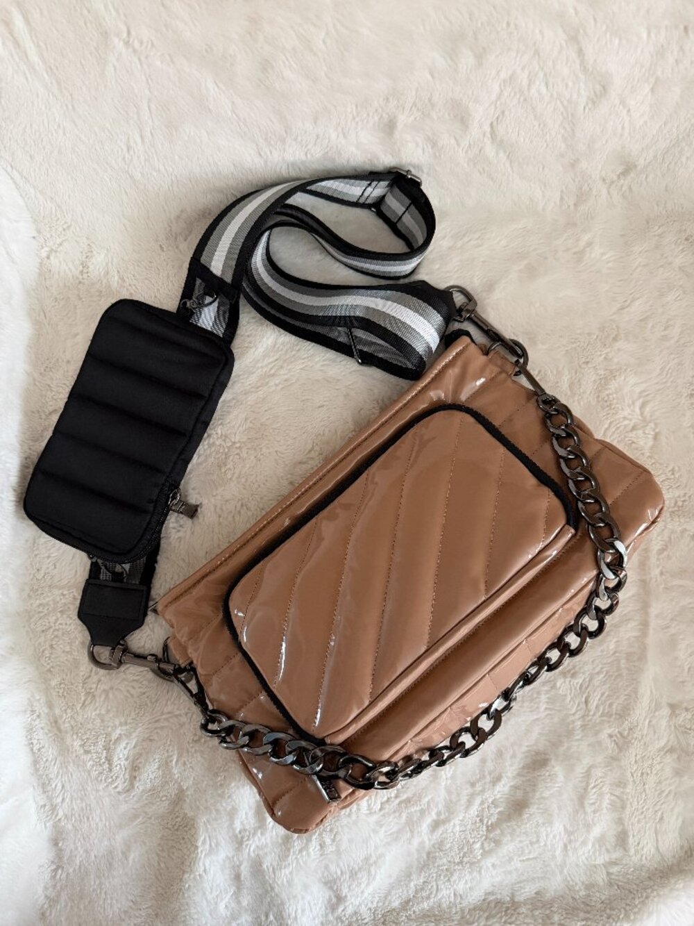 Think Royln Bank Street XL Crossbody/Shoulder Tan Puffer Purse Bag